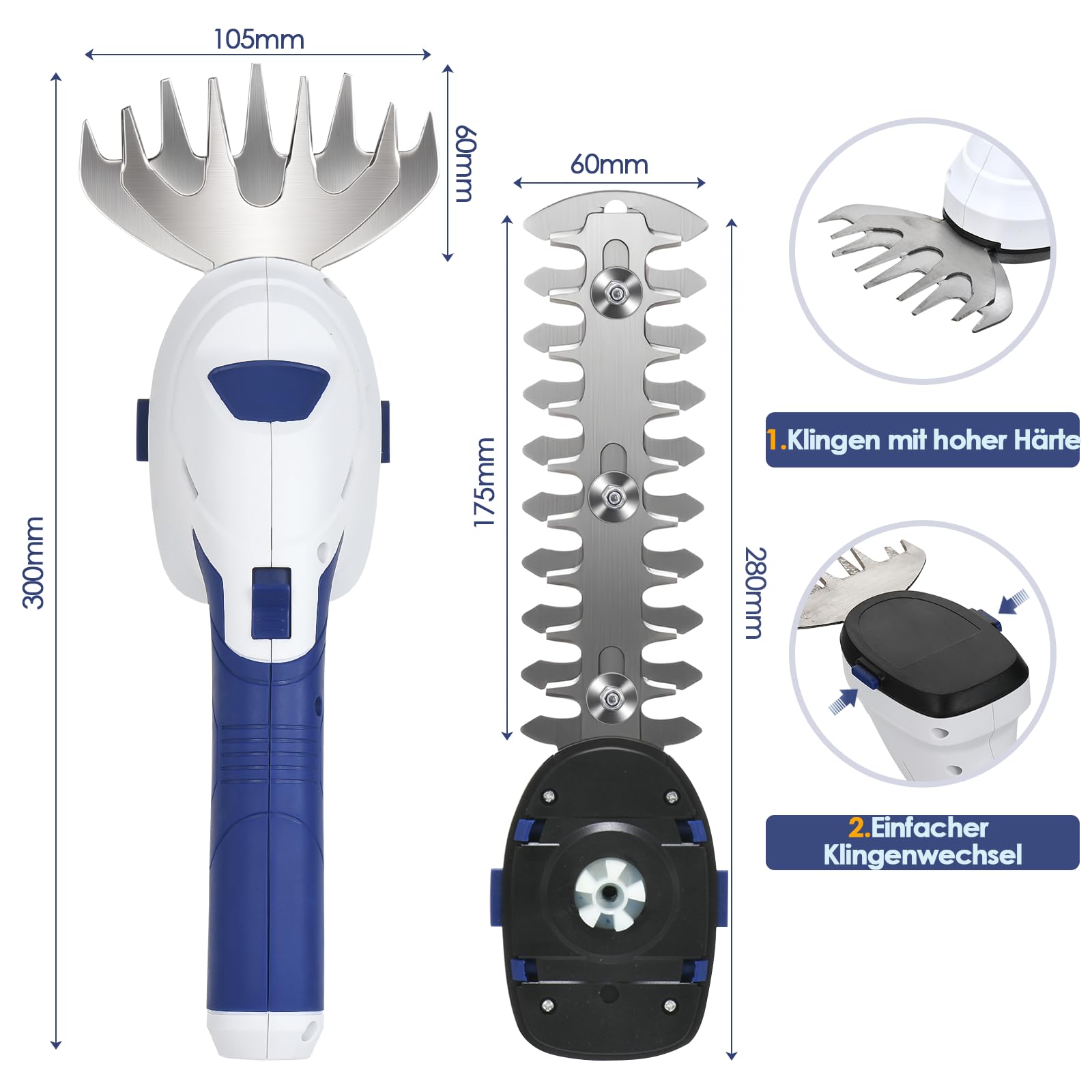 Geevorks Gartenschere Akku 7,2V Grün, Handliche Grasschere Mit 2 Messern, 2.000mAh Akku,2 in 1 Heckenschere, Schnittbreite 12cm, Schnittlänge 20cm