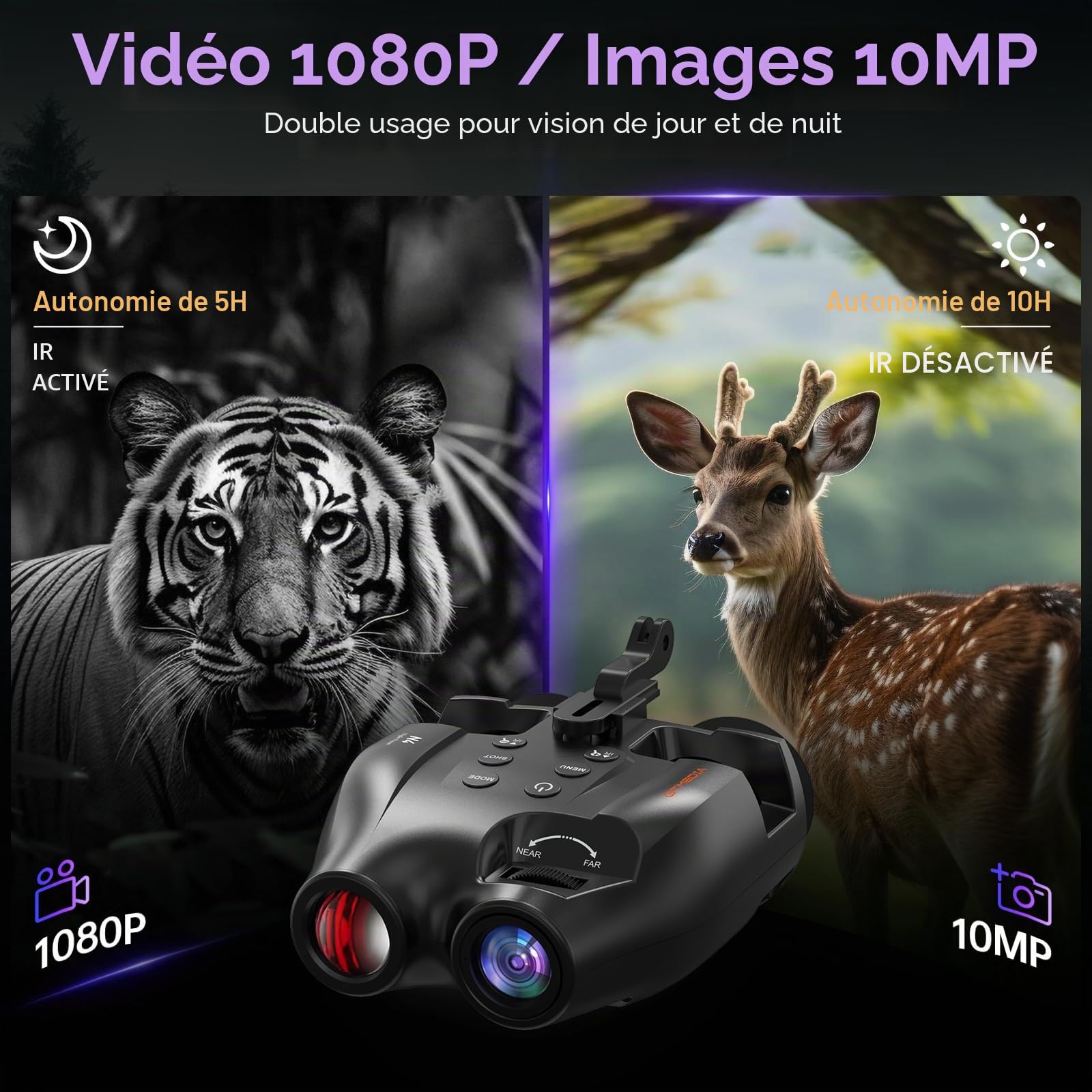Lunettes de vision nocturne montées sur la tête, jumelles infrarouge numérique mains libres FHD, enregistrent des vidéos 1080p et photos 10 m, zoom numérique 5x