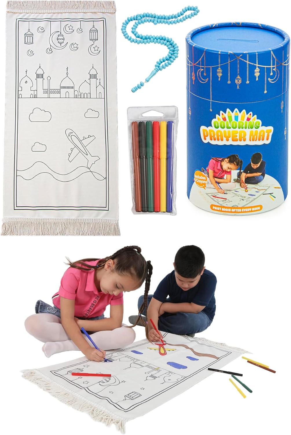 Ihvan Online Kids Prayer Mat - Washable Painted Prayer Rug, Soft Salah Travel Mat Carpet, Perfect Islamic Gift, Blue