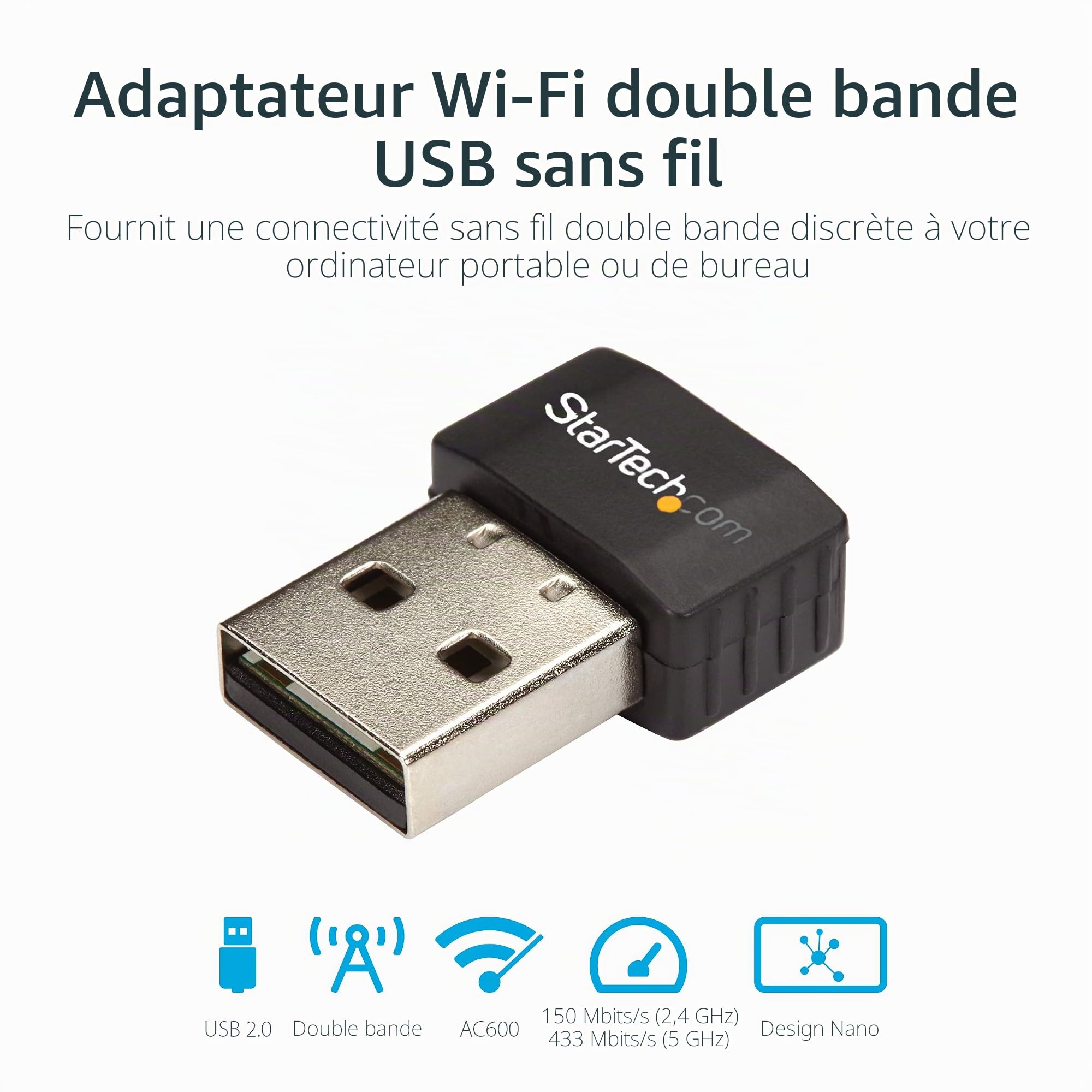 StarTech Adaptateur USB WiFi AC600, 2.4GHz / 5GHz (USB433ACD1X1) | Sans fil, Nano, Bi-bande, 802.11ac, 1T1R, 433 Mb/s, USB 2.0, Compact, Portable