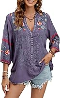 StLareina Embroidered Mexican Peasant Blouse Women V-Neck 3/4 Sleeve Boho Cotton Tunic Top