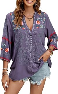 StLareina Embroidered Mexican Boho Blouse Women V-Neck 3/4 Sleeve Cotton Peasant Tunic Top