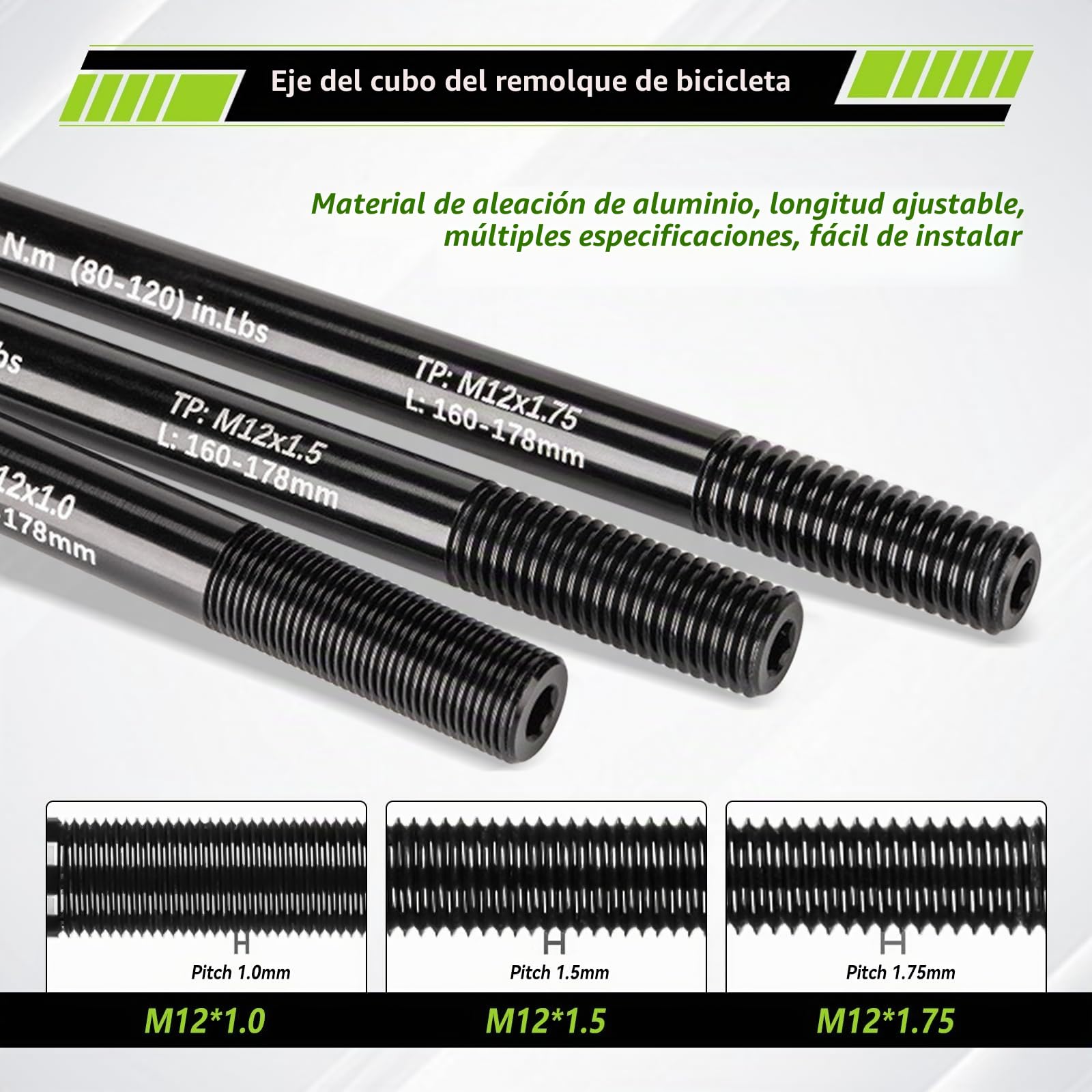 Adaptador de eje pasante, M12 de 160-178 mm con adaptador de eje de bicicleta, longitud de eje ajustable, acoplamiento de remolque de bicicleta de aleación de aluminio compatible con