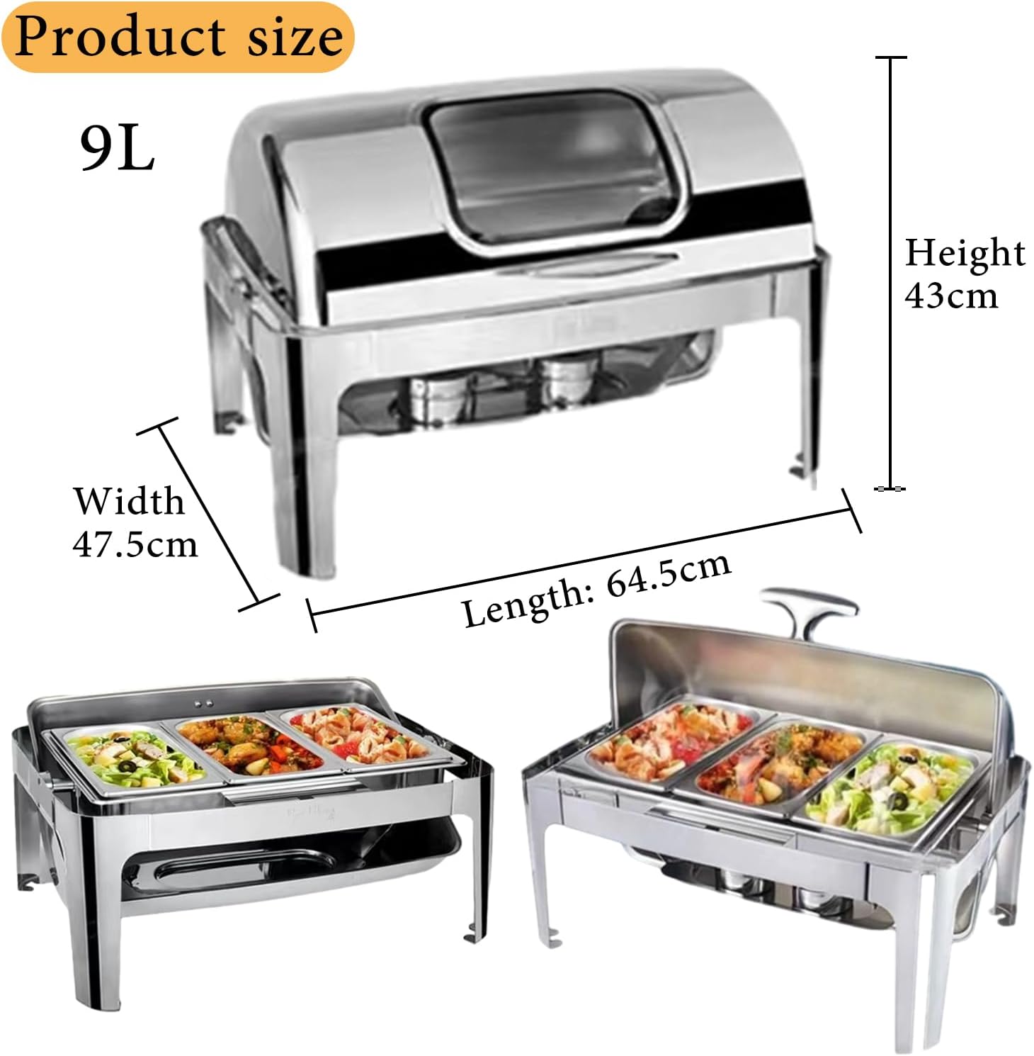 Chafing Dish Buffet Set 9l Food Insulation Tableware with Visible Roll Top Rectangular Set with Food Tray Water Tray and Fuel Rack for Dining/Parties/Hotels,one+Three