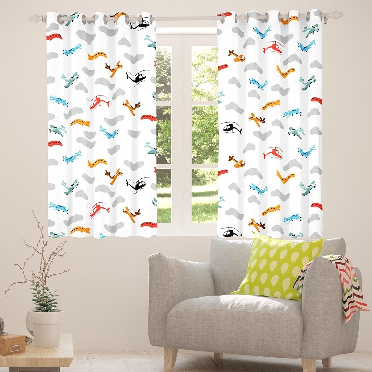Manfei Aircraft Window Curtains Cartoon Airplane Grey Clouds Print Window Drapes, Flying Flight Window Treatments, Kids Girls Boy Room Decor, Grommet Top 2 Panel Set Bedroom Curtains, 38Wx45L inch
