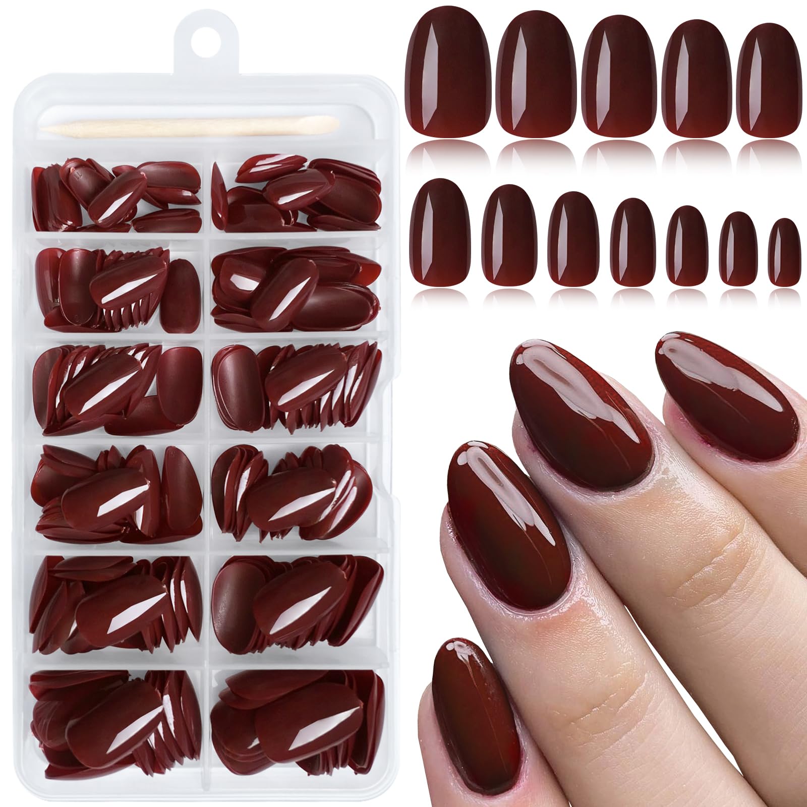 AddFavor Oval Press on Nails Short Fake Nails, 240pcs Burgundy Nails Press on Almond False Nail Full Cover Acrylic Nail for Women and Girls