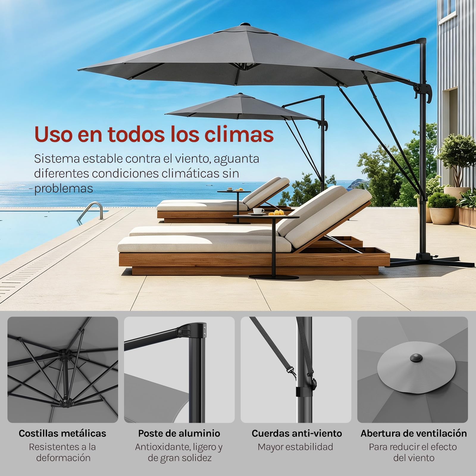 WOLTU Sombrilla Parasol Ø 3 m, Parasol Jardin Giratorio 360°, UPF 50+, Ajustable de 5 Niveles, con Base Manivela Mástil de Metal, para Terraza Playa Piscina Mercado Patio Exterior