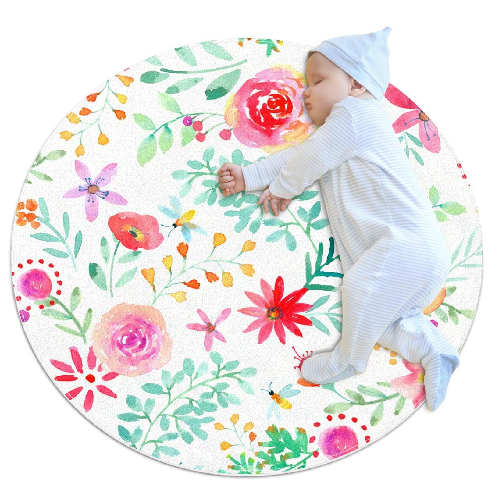Tapis de sol pour canapé rond 80 cm style fleurs aquarelle