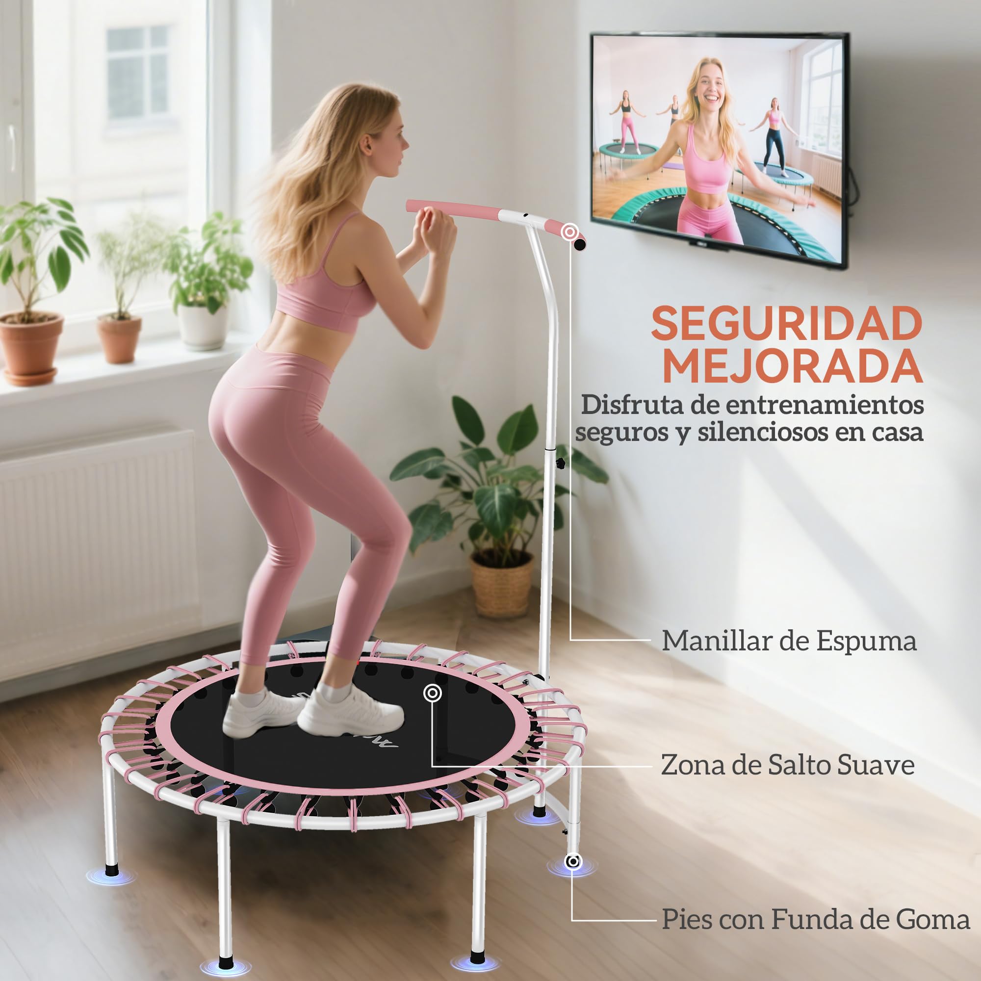SPORTNOW Trampolín de Fitness Adultos Ø102 cm, Mini Cama Elástica Fitness con Mango Ajustable de 5 Niveles, Marco de Acero, para Entrenamiento Piernas, Cuerpo en Hogar, Oficina, Gimnasio, Rosa