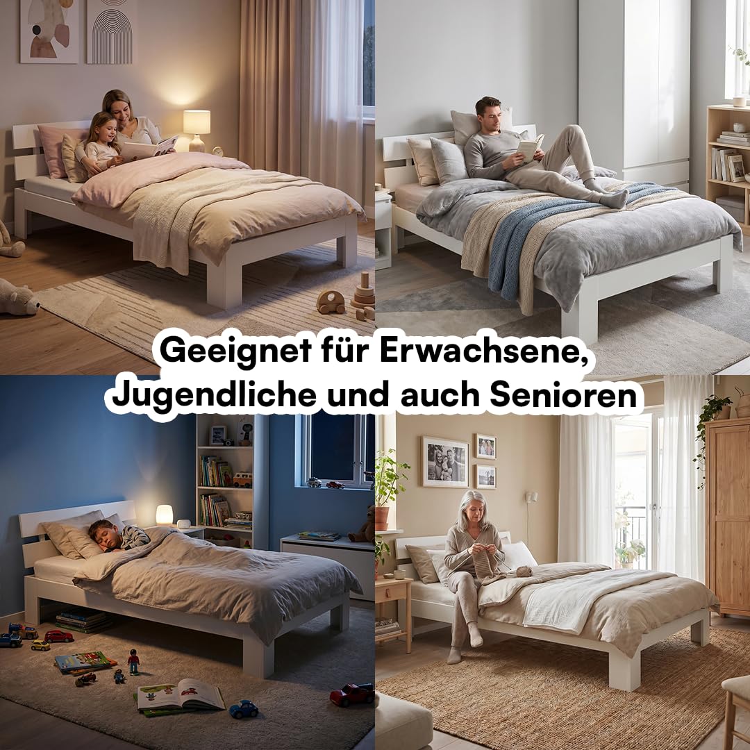 Bellamio Kavir Holzbett 120x200 cm, Massivholz Kiefer, mit Lattenrost, weiß | Massivholzbett , Bettgestell mit Bettkopf, Stabiler Bettrahmen bis 120 kg, geeignet als Einzelbett, lackiert