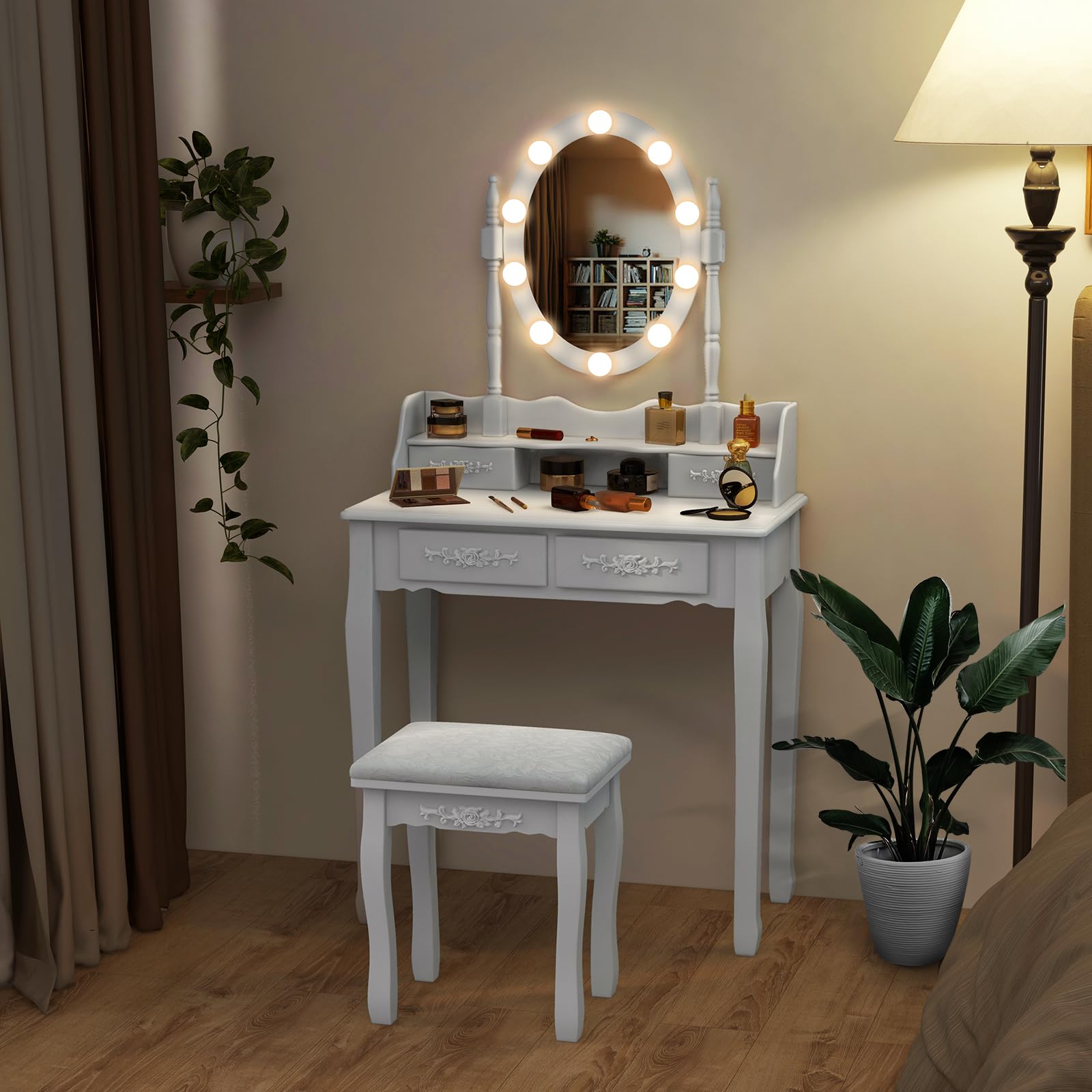 COSTWAY Toeletta da Trucco con 10 Luci LED, Set Tavolo da Trucco con 4 Cassetti e Sgabello, Specchio Girevole 360°, Consolle Toeletta per Soggiorno Camera da Letto, 75 x 40 x 145 cm (Bianco)