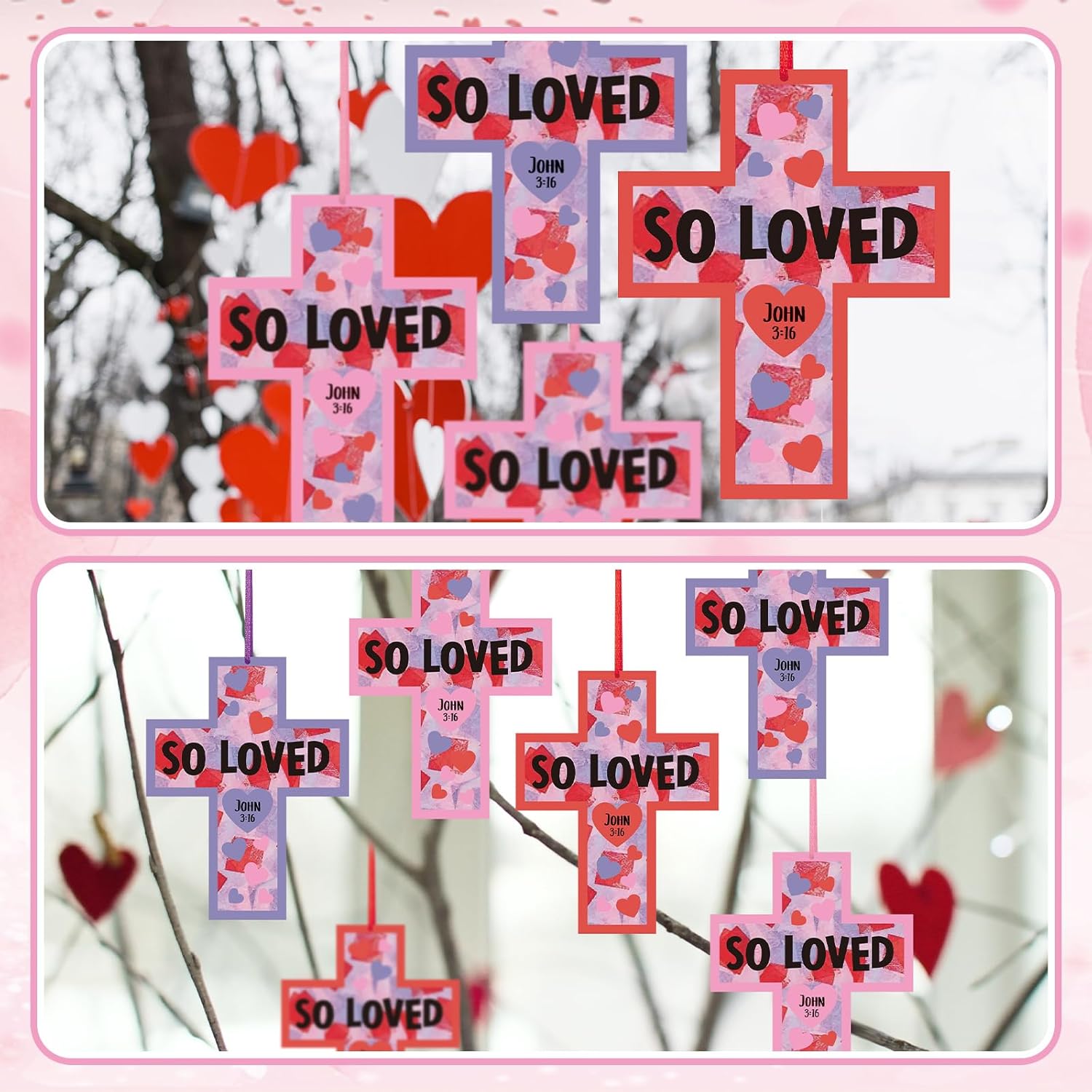 Realspring 24 Sets Cross Valentine's Day Crafts DIY Valentines Paper Crafts Tissue Paper Crafts Kit Arts Hanging Ornament for Sunday School Crafts Valentine Party Game Activities