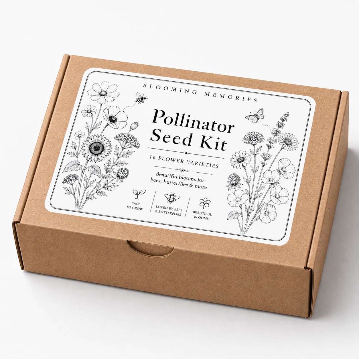 Blooming Memories Pollinator Seed Kit – 16 Wildflower & Herb Varieties, Bee & Butterfly Friendly Garden Seeds, Kraft Gift Box, Growing Guides Included