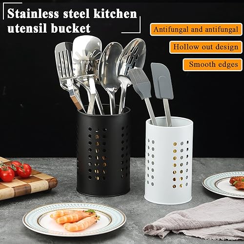Miniatura 3 de Kyraton Juego de 2 soportes para utensilios de cocina, de acero inoxidable, organizador de utensilios de espátula, decoración de cocina, blanco y