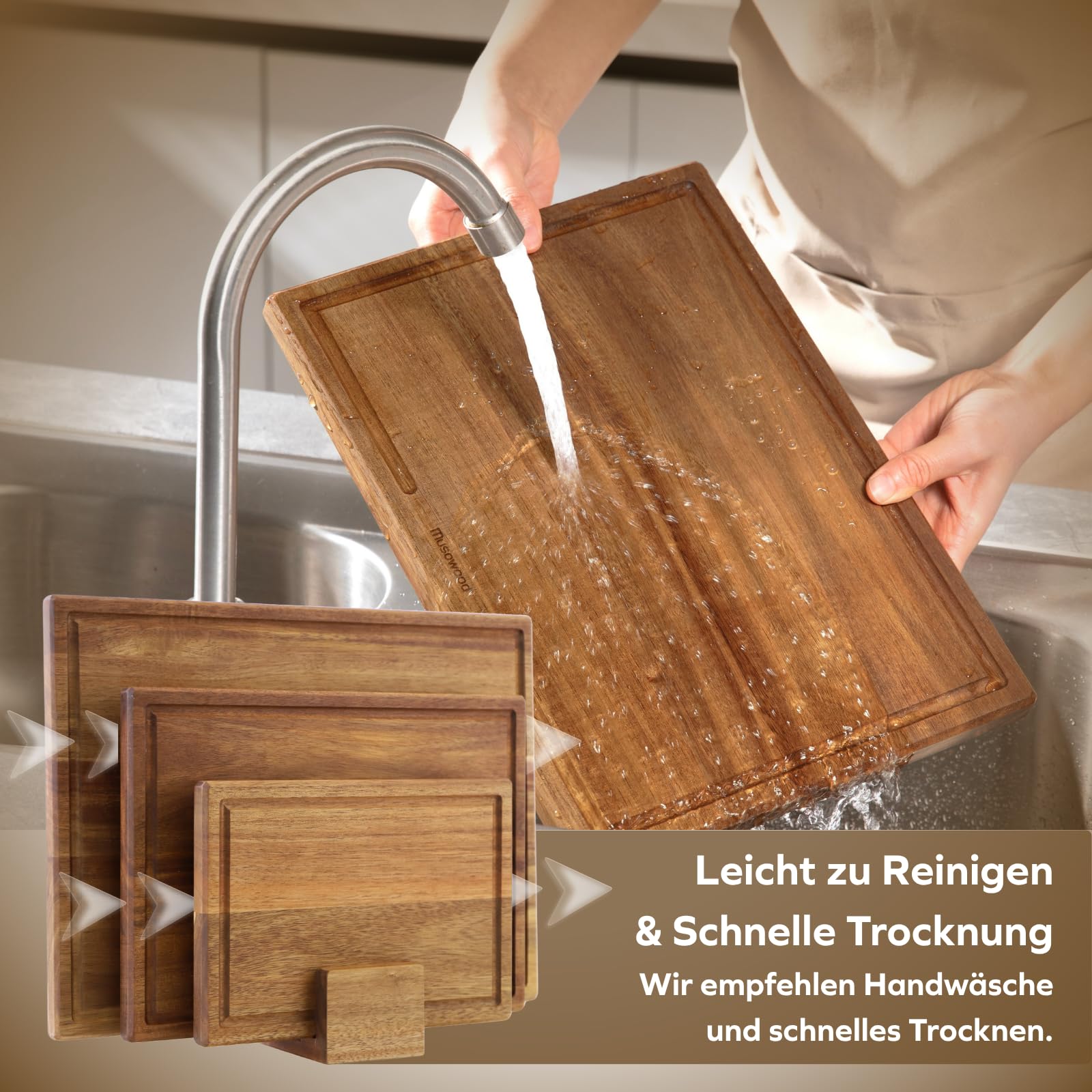 Muso Wood Schneidebrett-Set Akazie Holz 3-teilig mit Ständer (40x30 / 33x24 / 25x18cm) - 2cm Dicke, Saftrille, Messerschonend - Ideales Einweihungsgeschenk