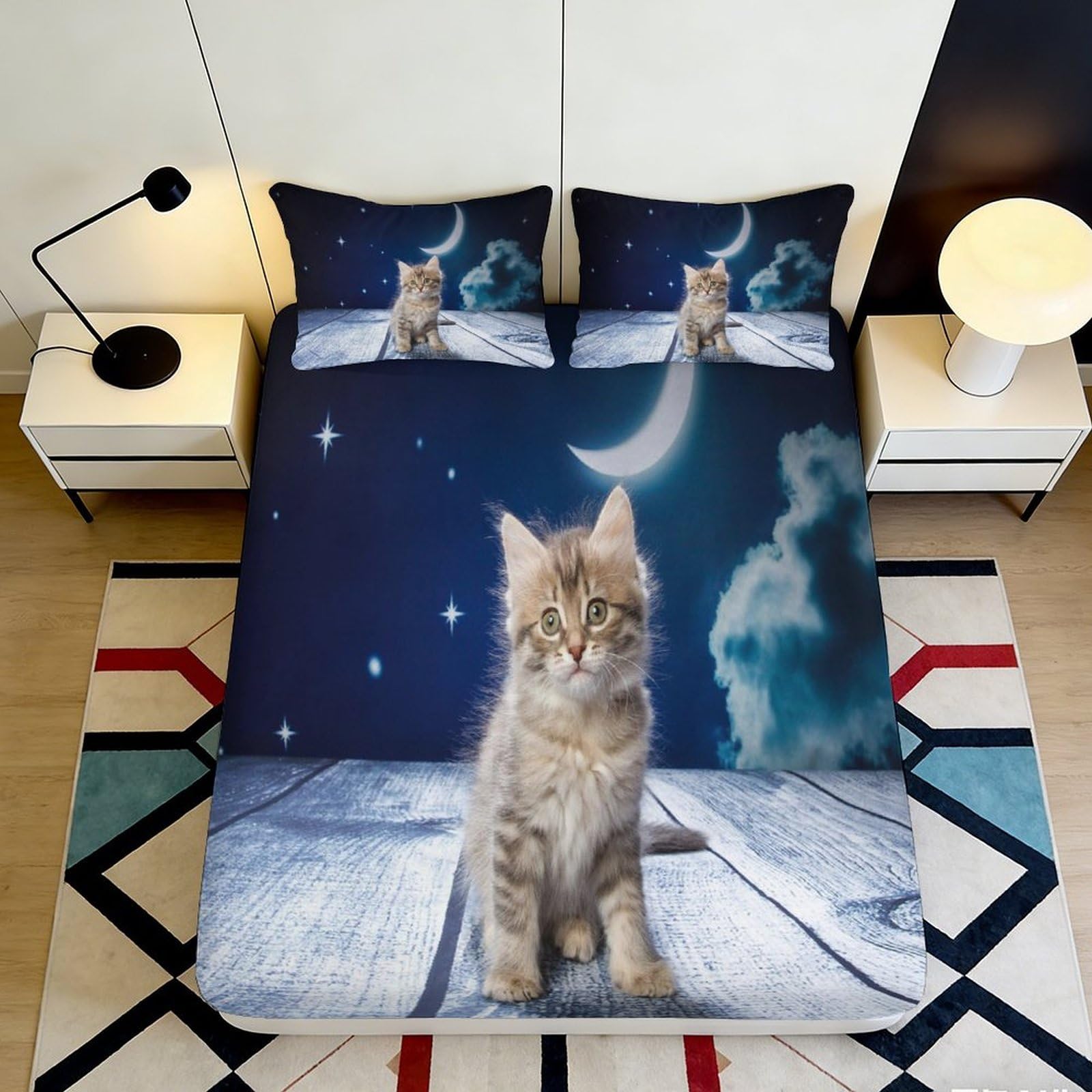 3D Printed Moonlight Cat Fitted Sheet Microfiber Soft Decorative Night Sky Bed Cover for Bedroom Dorm Mattress Protection 90x200x25cm