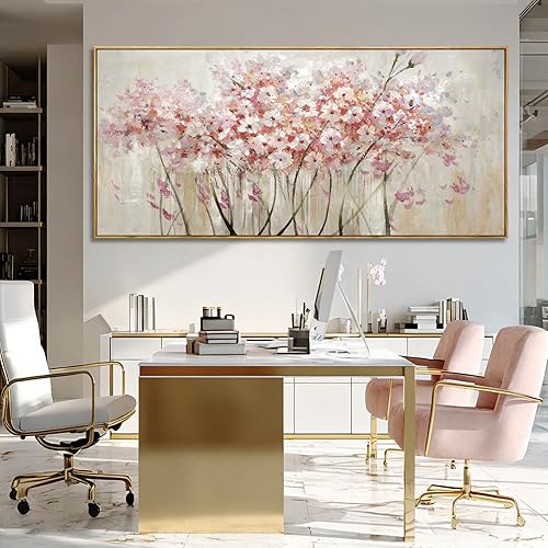 Miniatura 2 de YJYart Arte de pared de madera floral, impresiones fotográficas de paisaje, póster de lienzo rosa y blanco, 40 x 86 pulgadas, decoración de pared de