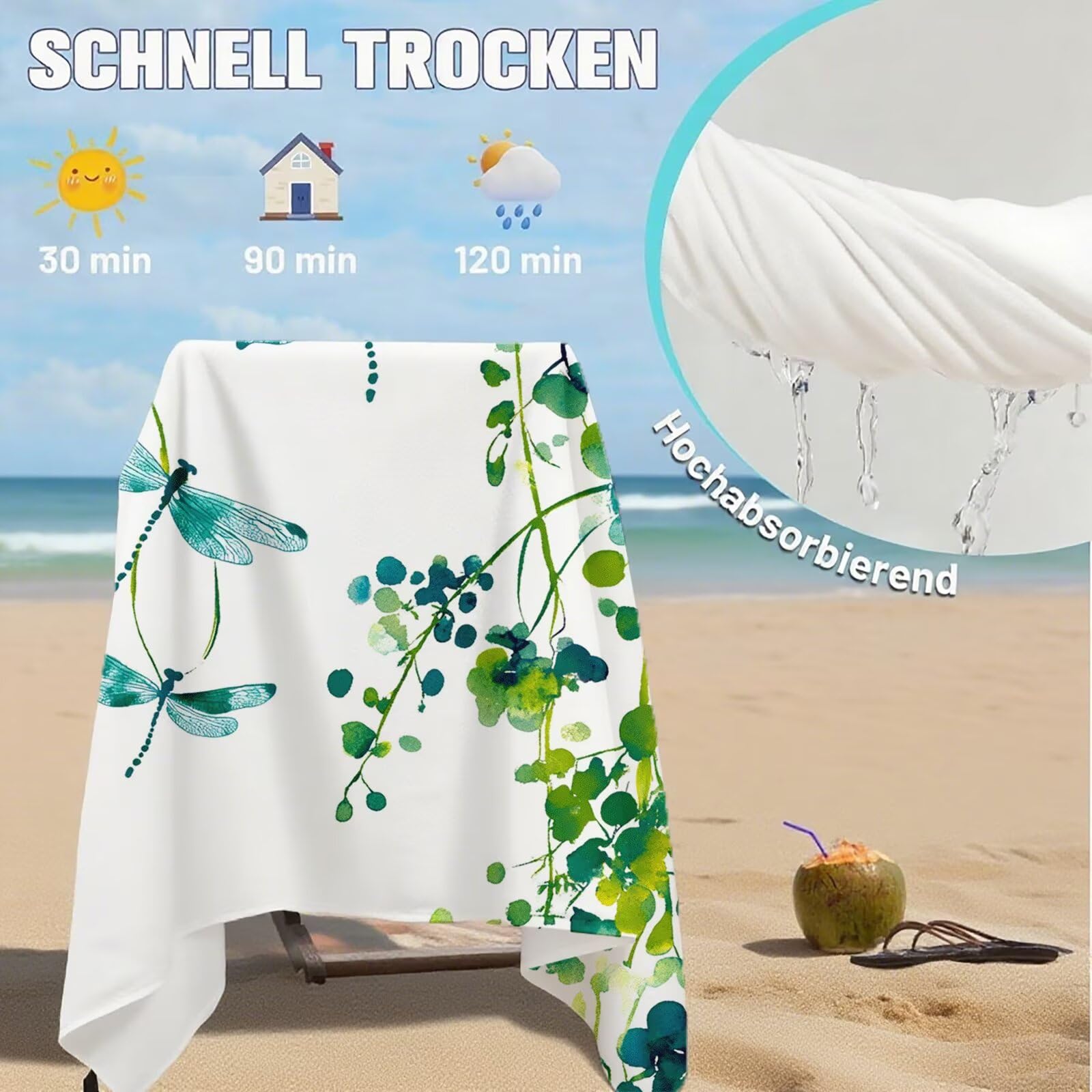 Strandtuch Grün Mikrofaser Strandtuch XXL 220x100 2 Set, Strandhandtuch mit Sandfrei, Schnelltrocknend, Absorbierend, handtücher groß für Badezimmer, Strand, Schwimmen, Geschenke für Männer Q-440