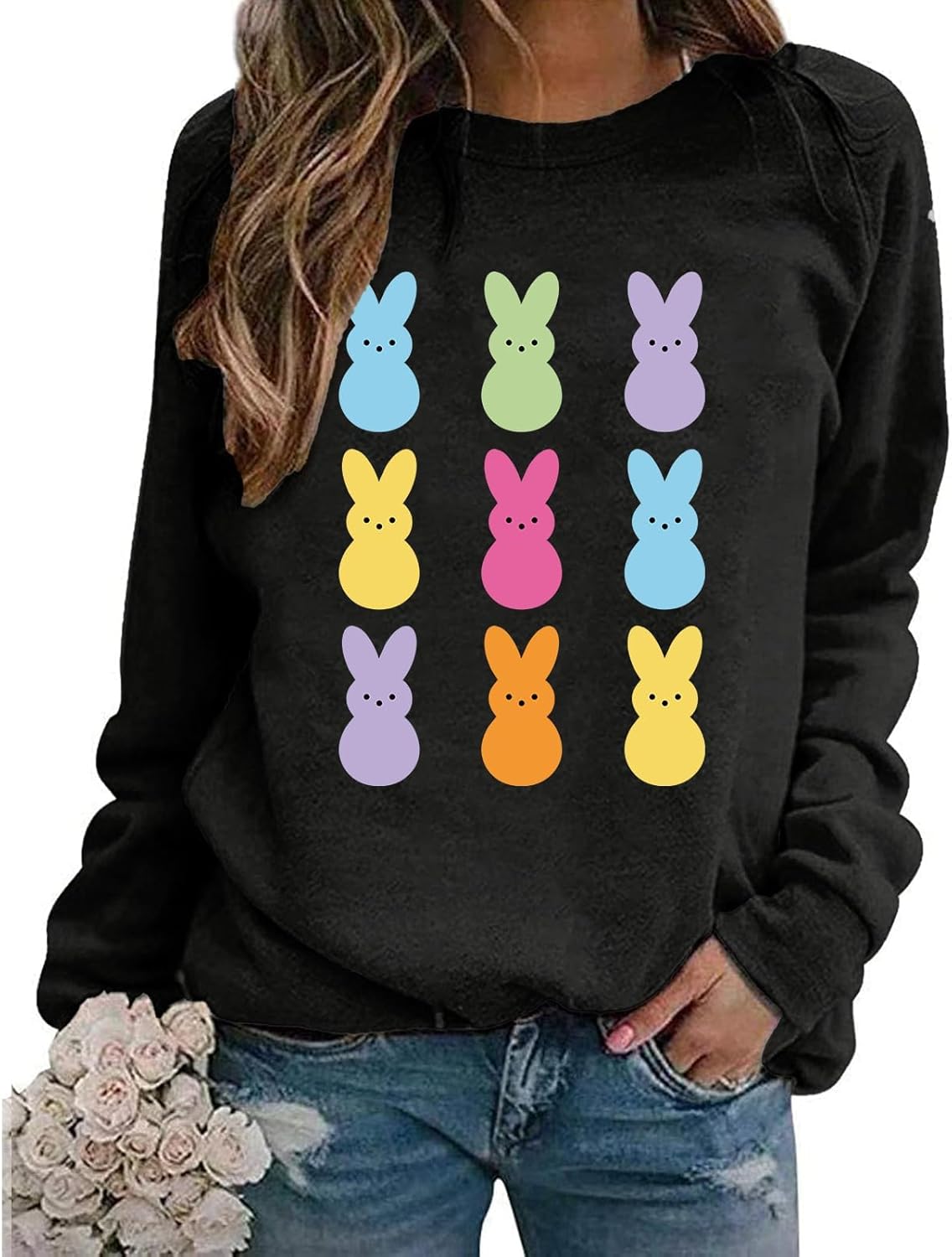 Easter Bunny Sweatshirt Women Long Sleeve Cute Rabbit Bunny Peeps Graphic Tees Happy Easter Pullover Tops