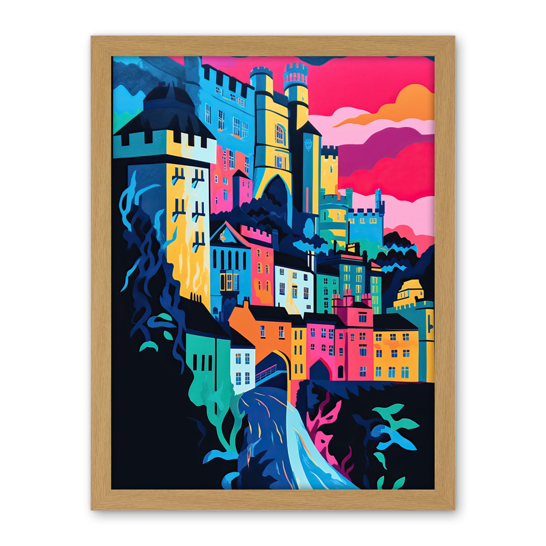 Artery8 Nottingham City Vibrant Abstract Pop Art Cityscape Artwork Framed Wall Art Print 18X24 Inch