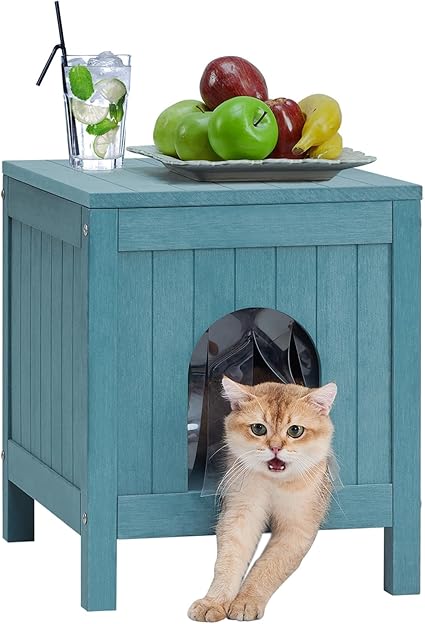 Outdoor Side Table with Cat House, Poly Lumber Sturdy Outdoor End Table Weatherproof, Waterproof Patio Storage Box with Openable Roof, Elevated Feet for Patio, Porch, Lake Blue