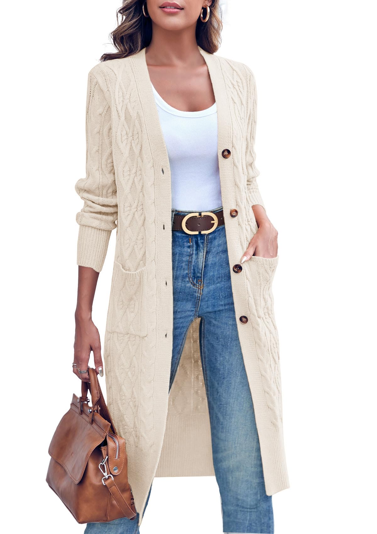 Imily Bela Strickjacke Damen Lang Zopfmuster Open Front Cardigan Langarm Herbst Winter Strickcardigan mit Taschen