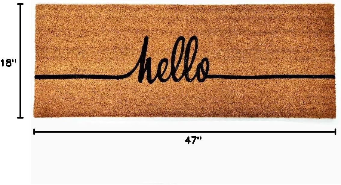 Kempf Cursive Hello Coco Coir Doormat, 18" x 47", Heavy-Duty Indoor Outdoor Entrance Mat with Non-Slip Backing
