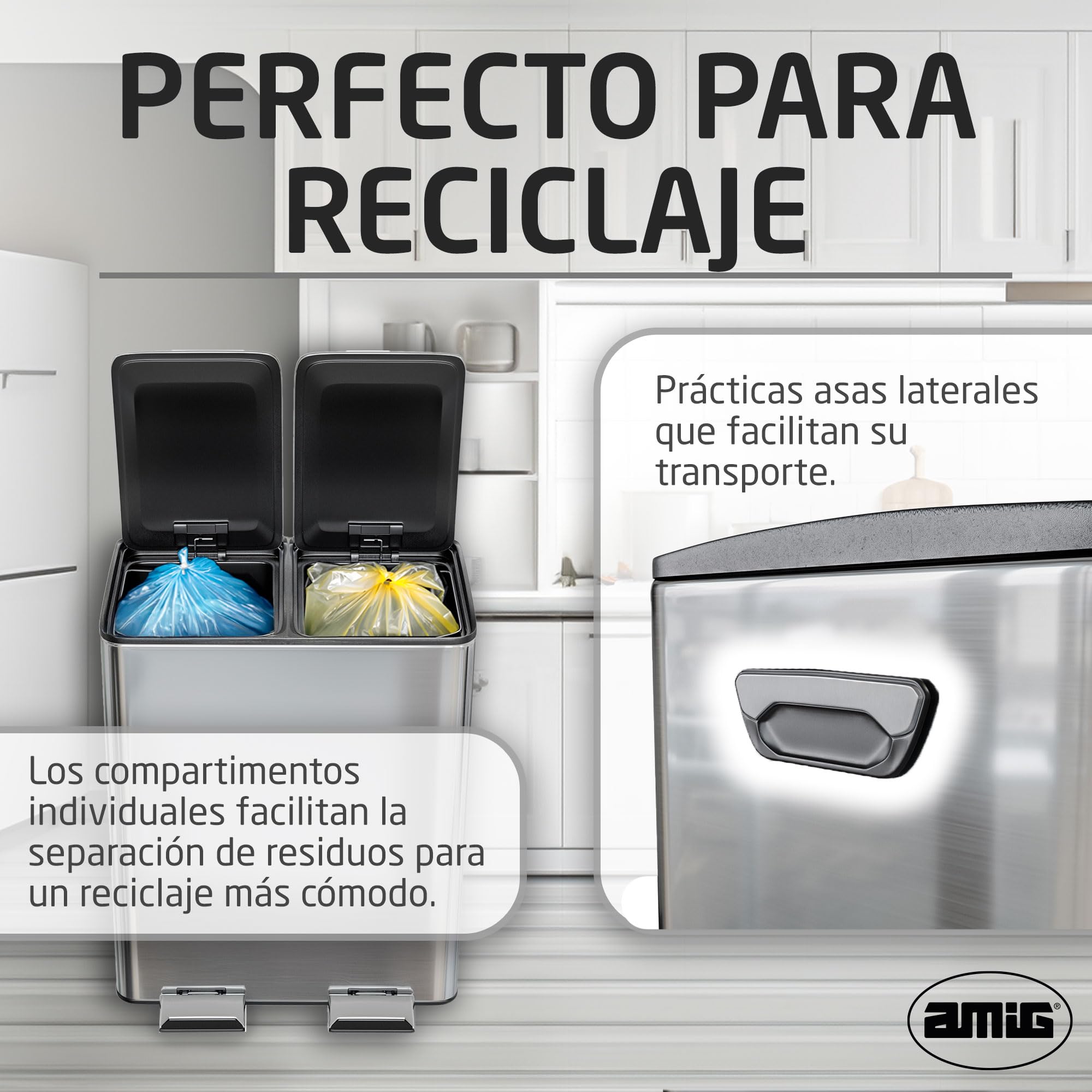Amig - Cubo de Reciclaje Doble con Pedales Mod. RECIK EVO 40 L - 2 Compartimentos x 20 L - Acero inoxidable - 45 x 30 x 52 cm - Plateado