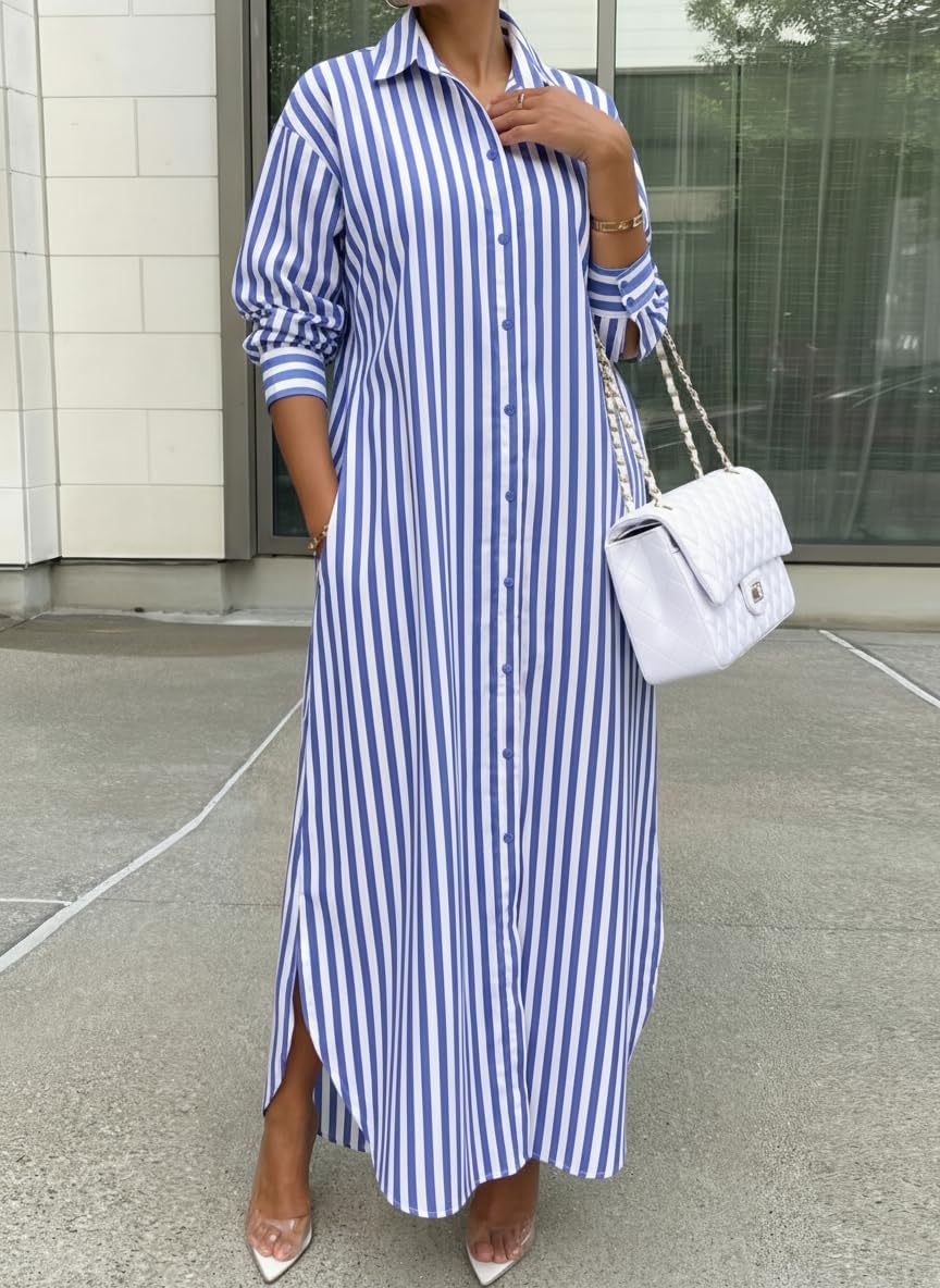 Choichic Shirt Dresses for Women Cotton Button Down Oversized Striped Maxi Dress Cover Up with Pockets - Image 4