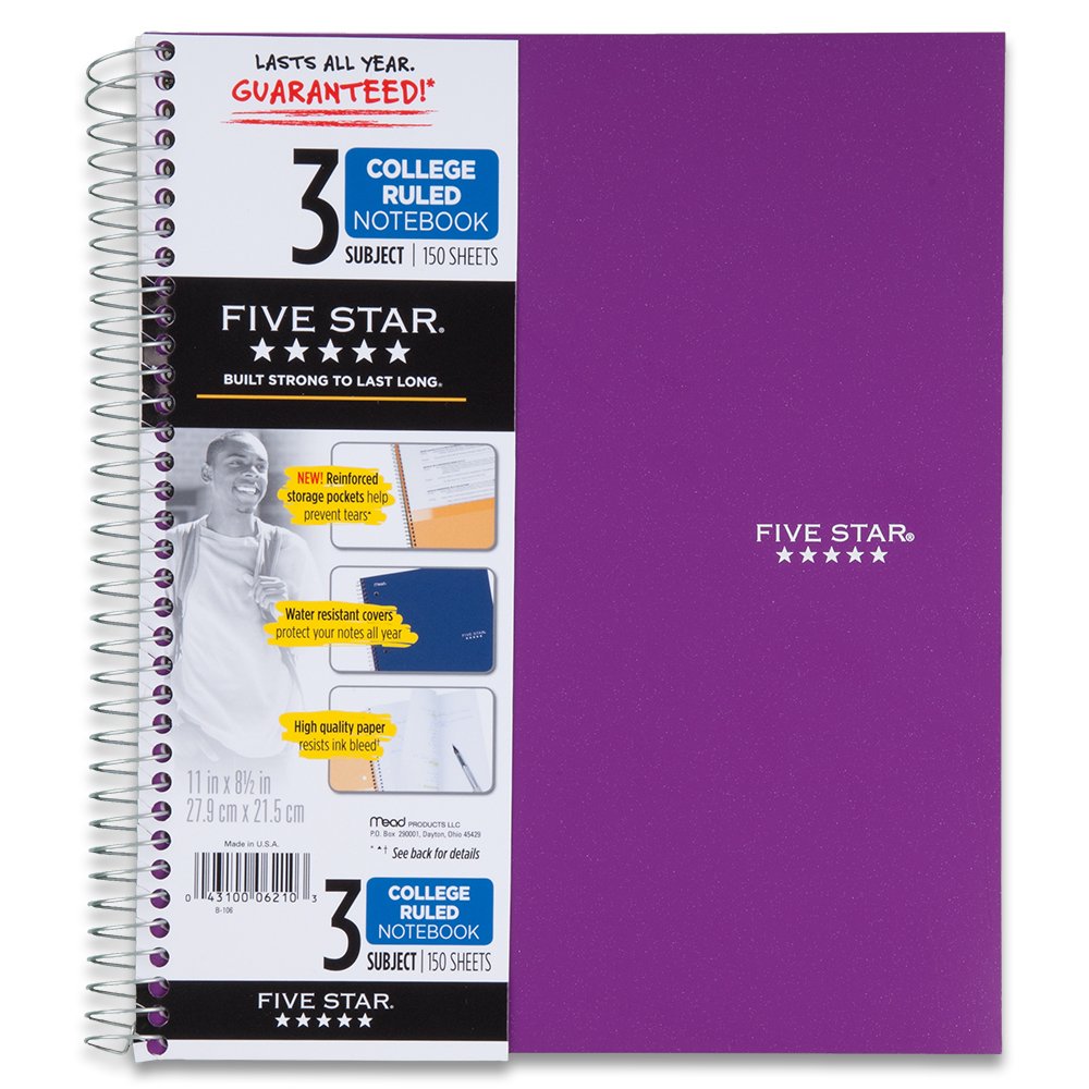 Five Star Spiral Notebook, 3 Subject, College Ruled Paper, 150 Sheets, 11" x 8-1/2" Sheet Size, Purple (72567) — image 1
