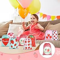 Vista 6 de Kajaia 24 bolsas de dulces de fresa, bolsas de regalo de fiesta de fresa, bolsas de regalo con cordón rosa, lindas bolsas reutilizables para niños