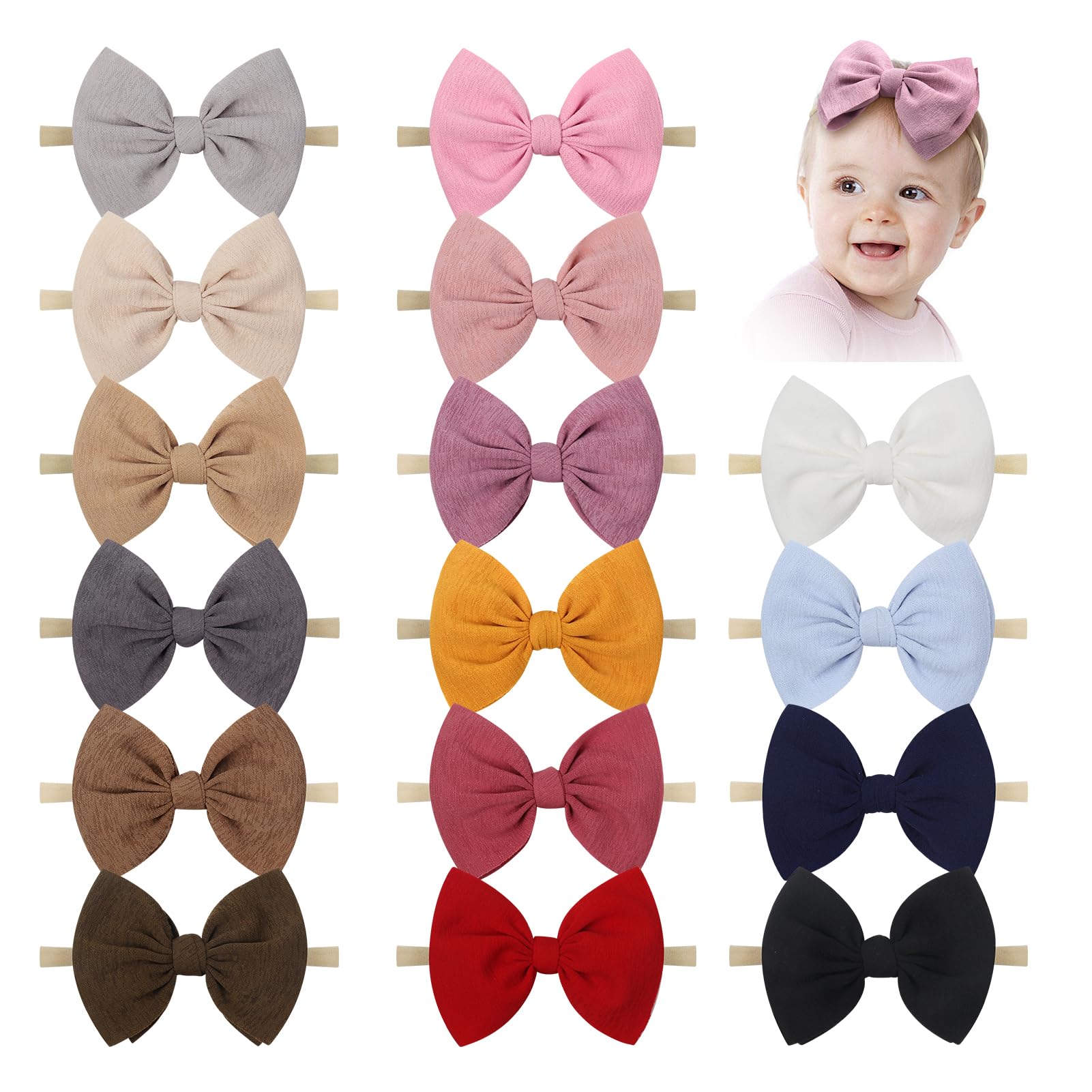 YanJie Diademas de nailon suave de 4.5 pulgadas, lazos para recién nacidos, hechas a mano, accesorios para el cabello para recién nacidos, bebés, niños, 16 unidades