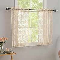 Vista 2 de Cortinas de café beige de 24 pulgadas de largo, 2 paneles de encaje, cortinas cortas para ventanas, filtrado de luz, cortinas de media ventana