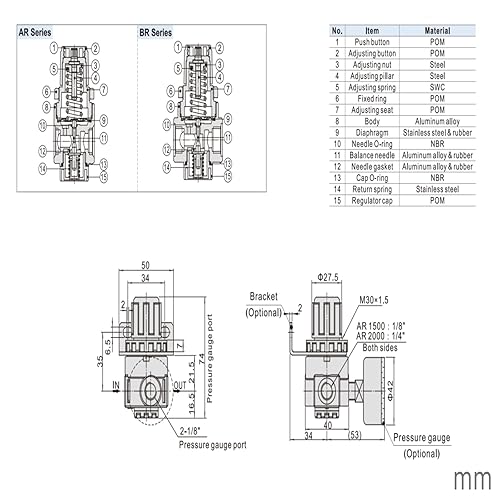Miniatura 7 de Regulador de presión de aire NPT 14 "Airtac AR2000-2T Tratamiento de fuente de rosca hembra 0-140 PSI ajustable, soporte, calibre