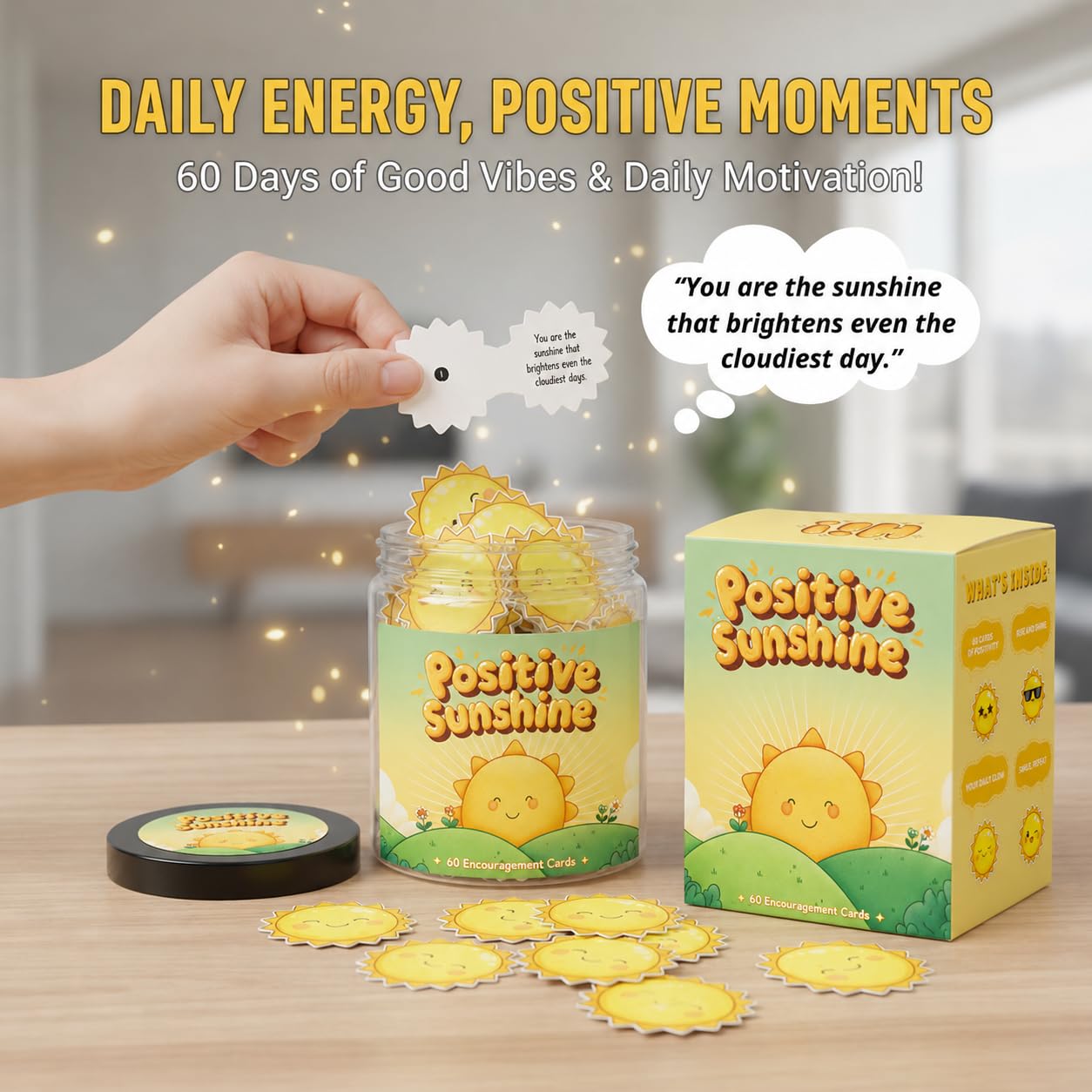 Positive Sunshine Jar - 60 Affirmation Cards, Emotional Support, Yellow - Sunflower - Sunshine Gifts, Stocking Stuffers, Human Sunshine Gift For Women, Cowokers, Friends, Teens