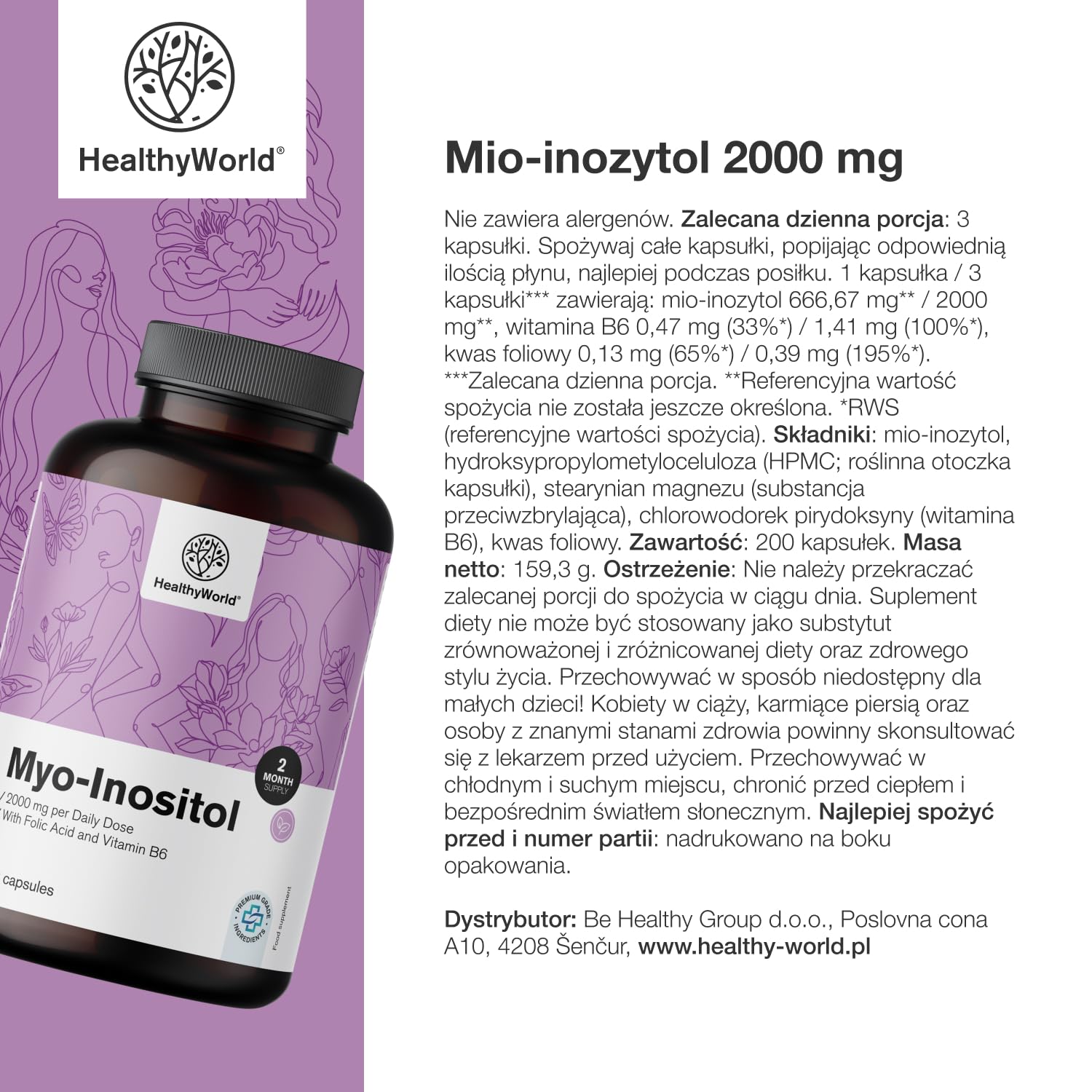 HealthyWorld Mio-Inozytol 2000 mg – 200 Kapsułek Roślinnych – Dla Kobiet – Kwas Foliowy, Witaminy B6 i B8 – Wsparcie Hormonów i Nastroju – Bez Alergenów – 2-Miesięczny Zapas