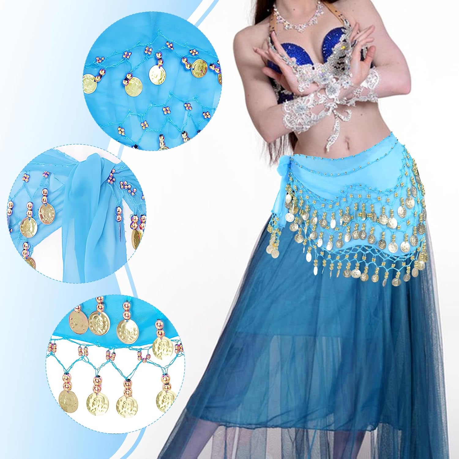 Belly Dance Hip Scarf, Exquisite Bellydance Skirt with Gold Coins Skirts Wrap for Halloween Dance Performances, Parties, Yoga Belly Dancing(Lake Blue)