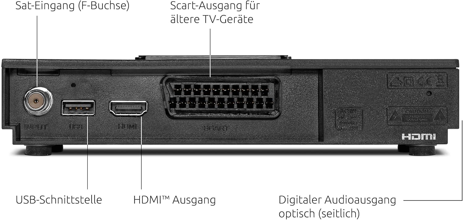 Rear view of the TechniSat HD-S 223 DVR showing connection ports: Satellite Input (F-connector), USB Interface, HDMI Output, Scart Output for older TVs, and Optical Digital Audio Output.