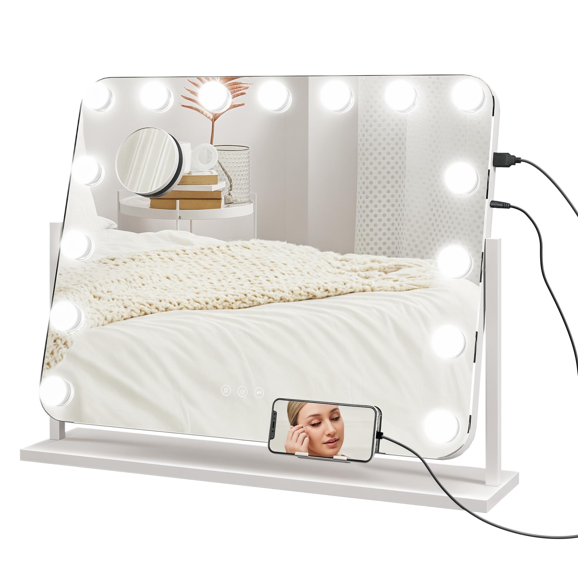 HOMCOM Hollywood Kosmetikspiegel mit Beleuchtung, 62,5 x 52 cm, 360° Drehung, 15 LEDs, USB-Ladeanschluss, Handyhalterung, 3 Lichtfarben, 10x Vergrößerung, Weiß