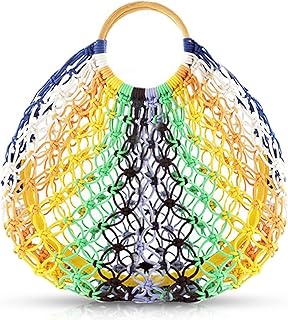 QTKJ Hand-woven Tote Bag, Beach Bag for Women, Knitted Hollow Colored Basket Bag, Round Bamboo Handle, Rattan Bag for Beach Vacationï¼ˆBlueï¼‰