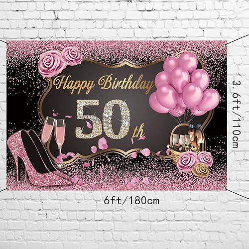 Miniatura 3 de AWERT Cartel de poliéster de 6 x 3.6 pies con texto en inglés «Happy 50th Birthday» para mujer, cartel de oro rosa para mujer, decoración de fiesta