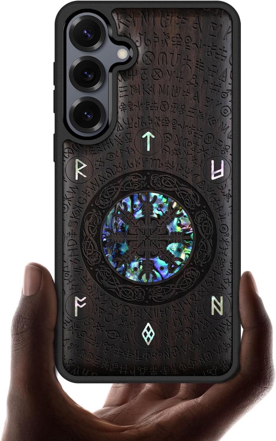 Carveit Magnetic Wooden Case for Samsung Galaxy S25 Case, Wood Artisan Engraved & Handmade Shell Inlaid, Compatible with MagSafe Wireless Chargers (Viking) Blackwood