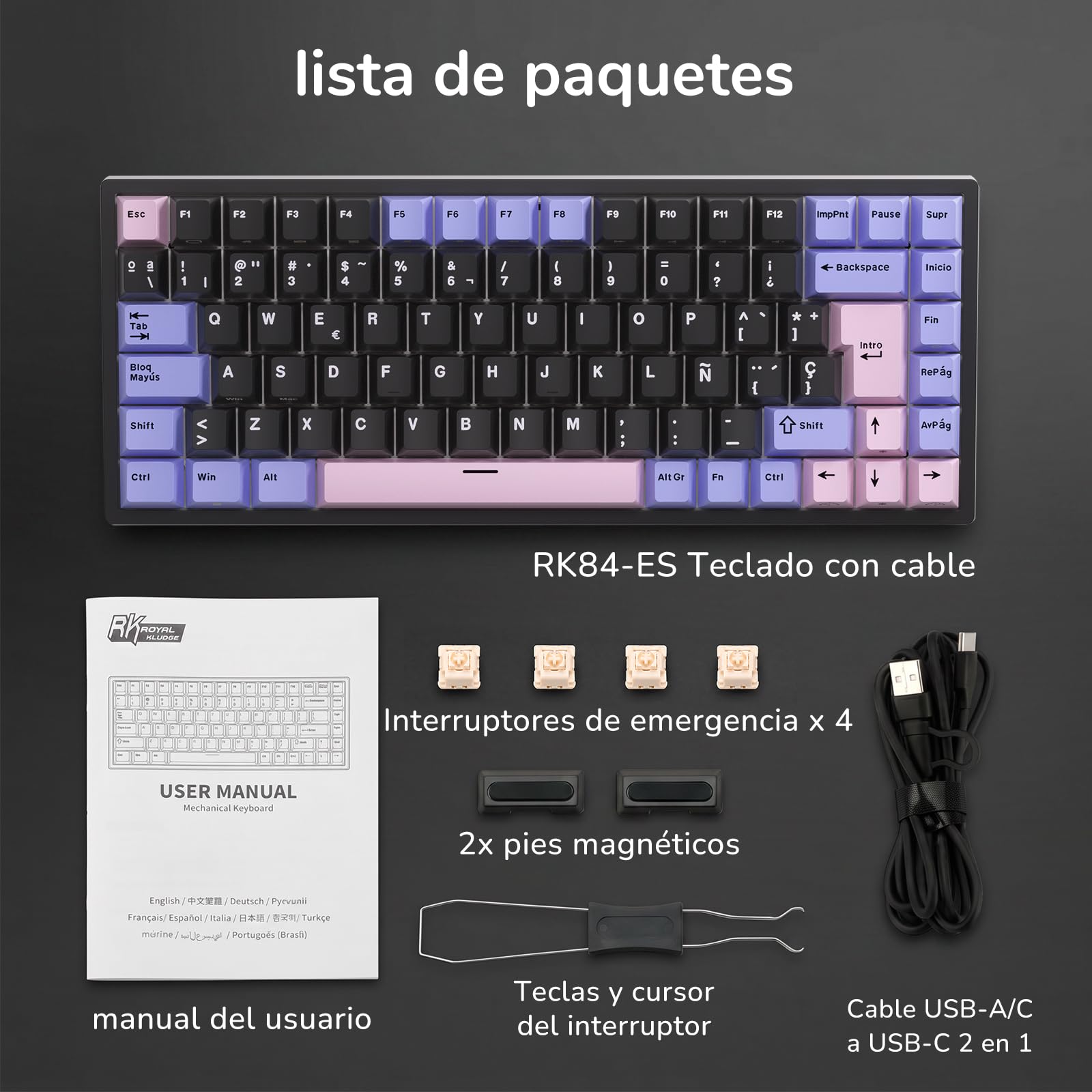 RK ROYAL KLUDGE RK84-ES Cableado 75% TKL RGB Hot Swappable Teclado Mecánico para Juegos, QWERTY Español