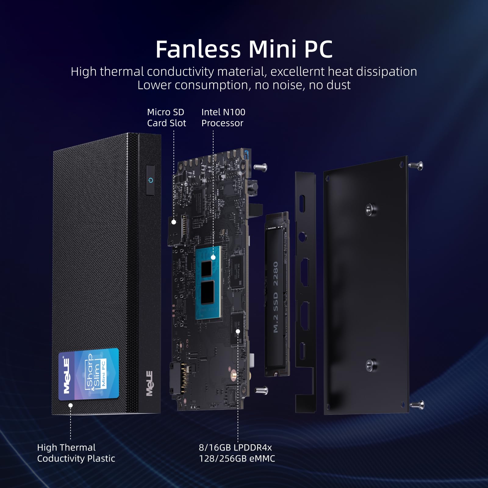 MeLE Quieter4C Mini PC sans Ventilateur 16GB 512GB de Stockage Micro PC Alder Lake N100 (jusqu'à 3,4 GHz) PC à Petit Format USB-C 2 X HDMI 4K@60 Ordinateurs de Bureau à Triple Affichage