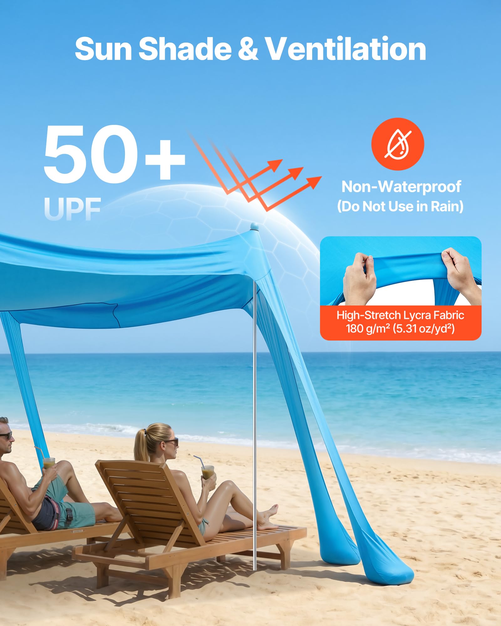 VEVOR Tenda Parasole da Spiaggia Protezione Solare UPF 50+ Portatile 3x3x2 m, Tenda da Spiaggia Parasole con Sacchi di Sabbia Ancoraggio Pali di Supporto, per Campeggio Viaggio Pesca, Blu