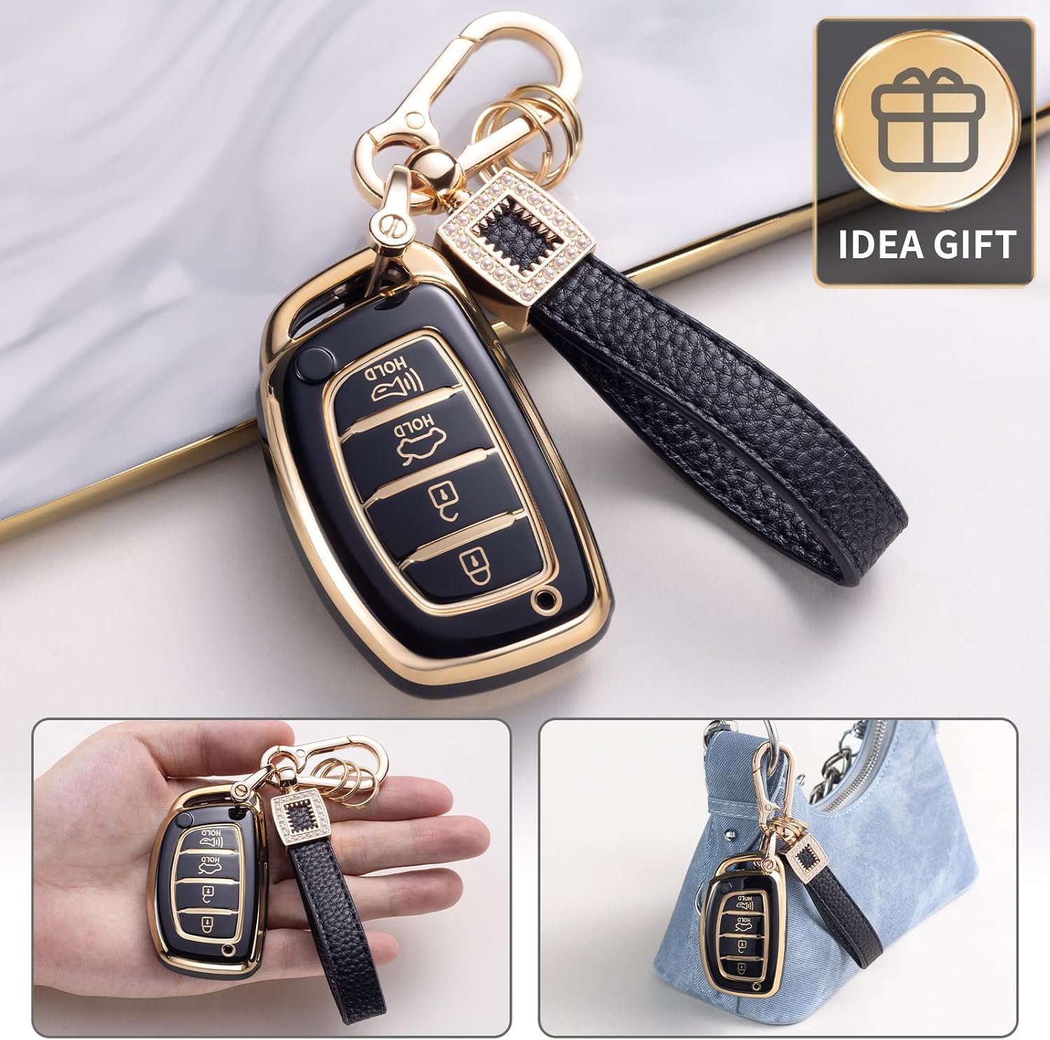 for Hyundai Key Fob Cover with Leather Lanyard, Car Key Fob Case Compatible with Hyundai 2015-2017 Sonata 2013-2015 Santa Fe Tucson Smart Key Protector Holder image 5