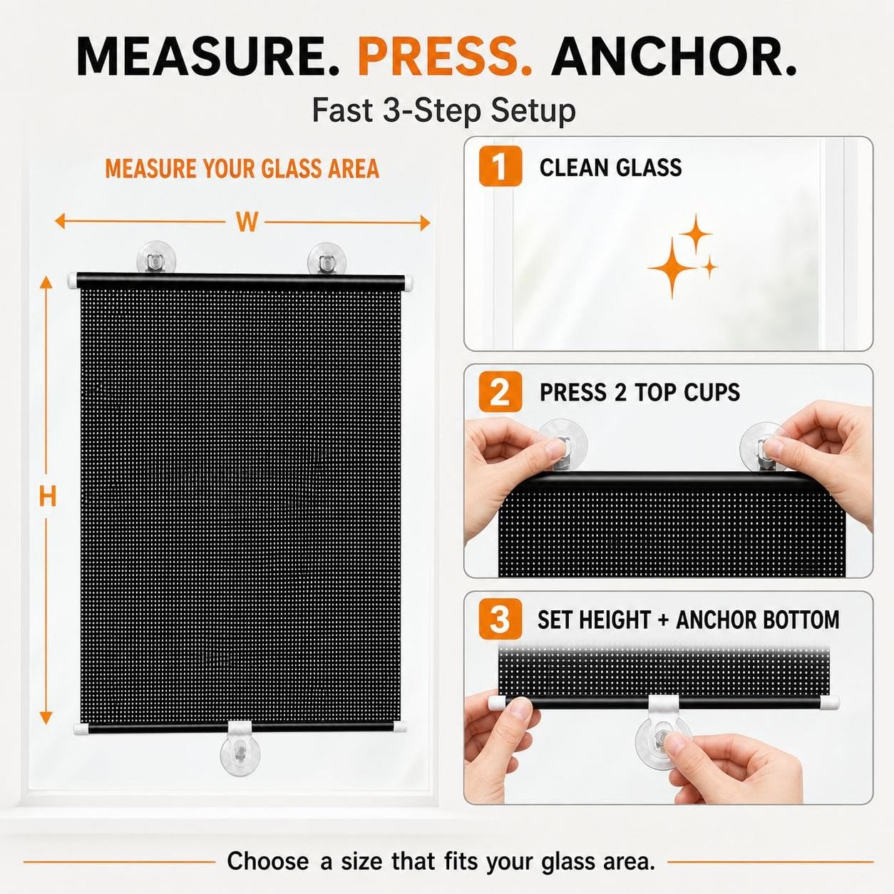 Store Enrouleur Tamisant sans Perçage avec 3 Ventouses, Store Réglable sans Cordon pour Fenêtre, Pare-Soleil Rétractable en PVC Anti-Éblouissement, Protection de l'Intimité(W 70 x 100 cm)