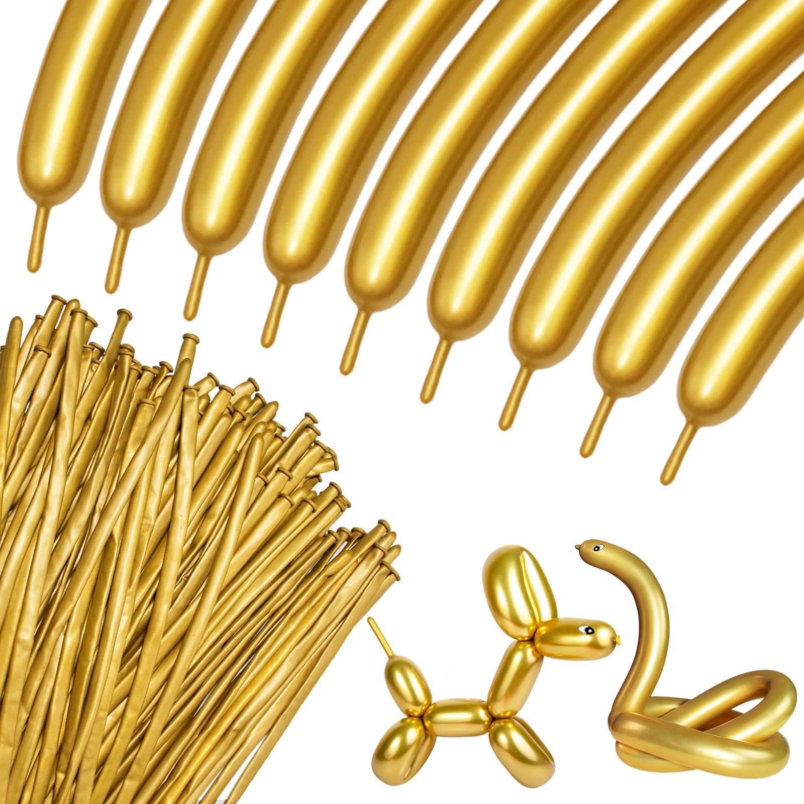 Photo 1 of 100Pcs 260 Balloons Metallic Gold Long Balloons for balloon animals, Gold Skinny Latex Twisting Balloon for Animals Modeling Christmas Birthday Wedding Party Decorations. (Gold)