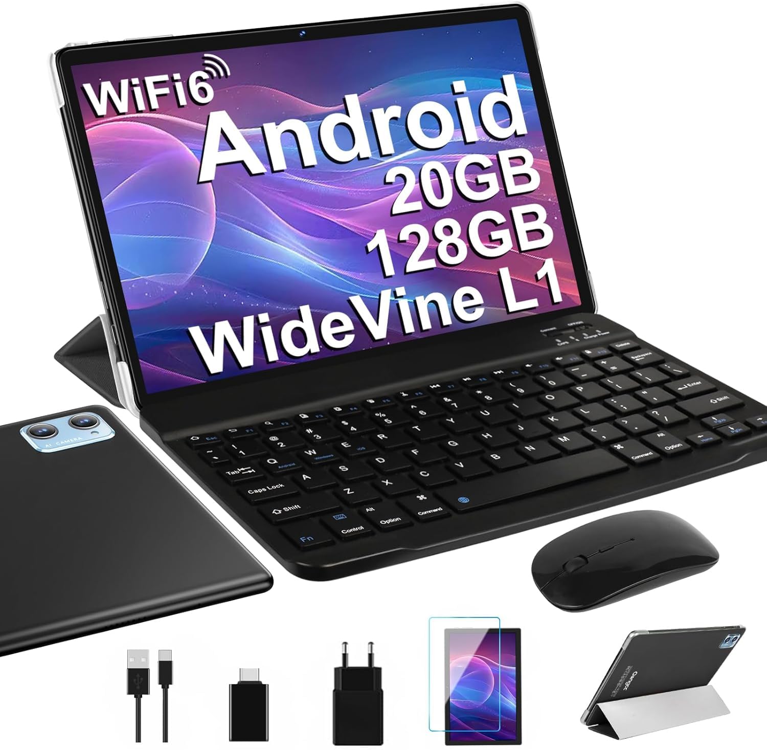 2026 Neuest Tablet 10 Zoll Android mit 20GB RAM + 128GB ROM (TF 2TB), Octa Core, 5G Wi-Fi 6, Bluetooth 5.0, 6000 mAh, Widget, 5MP + 8MP, Widevine L1, GMS Tablet 2 in 1 mit Tastatur und Maus - Schwarz