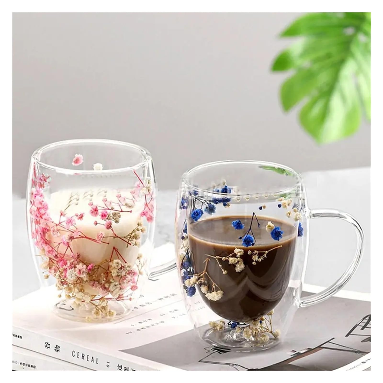 KristallgläSer Doppelwandiger Glasbecher Mit Getrockneten Blumen, 350 Ml, Kaffeebecher Mit Trockenen Blumen, Dekorativer Blumenbecher, Doppelwandiger Blumenbecher(Pink)